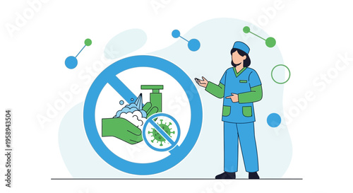 Doctor demonstrates hand washing prohibition sign with virus symbol, hygiene concept
