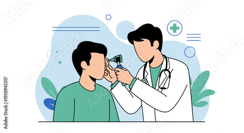 Doctor examines patient's ear with otoscope, medical check-up, healthcare concept illustration