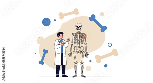 Doctor examining human skeleton, medical illustration, bone health concept