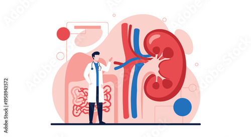 Doctor examining kidney and intestines, medical illustration, urology and gastroenterology concept