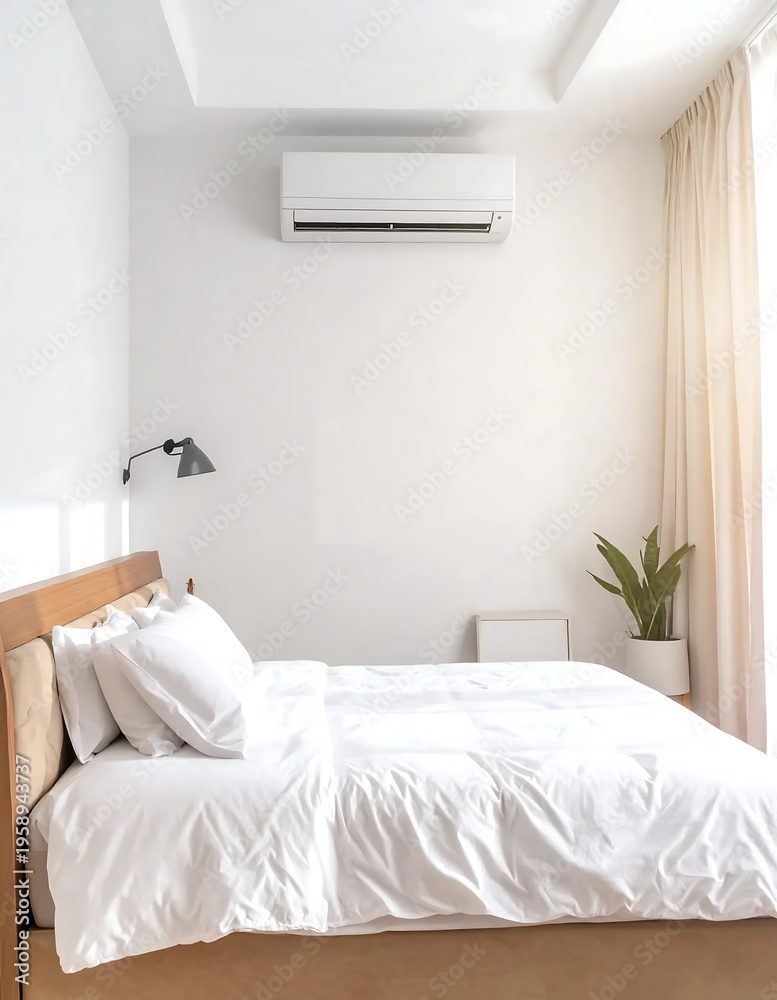 Fototapeta premium Bright and Minimalist Bedroom Interior with Air Conditioner.