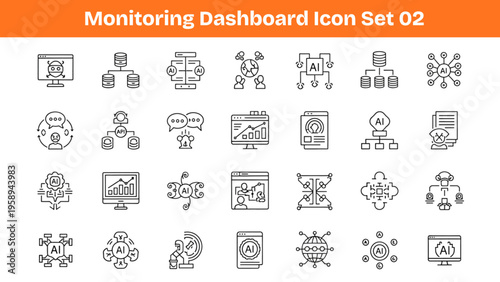 Monitoring Dashboard Icons Set – Analytics, Performance Tracking, Optimization, System Control UI Vector Pack