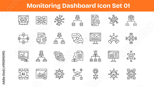 Monitoring Dashboard Icons Set – Analytics, Performance Tracking, Optimization, System Control UI Vector Pack