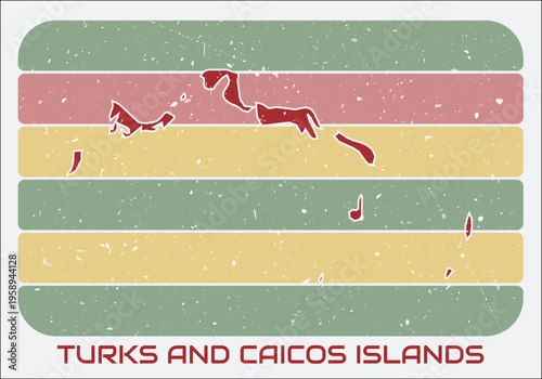 Turks and Caicos Islands vintage logo. Shape of the country on retro colored stripes background. Turks and Caicos Islands map design with grunge scratch texture. Vector illustration.