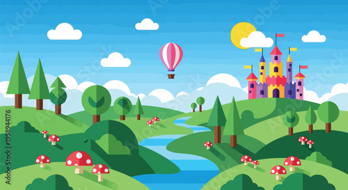 Colorful cartoon hot air balloon flying.