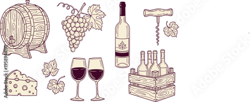 Vintage winery elements featuring wooden barrels grapes cheese glasses and bottles for cellar tasting and vineyard branding hand drawn vector illustration doodle art