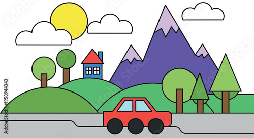 Red Car on the Roadway Traveling.