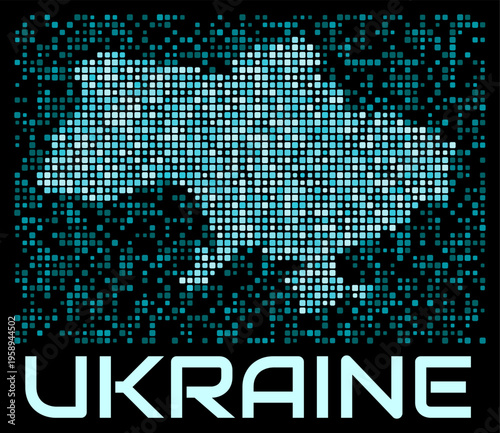 Ukraine digital dotted map. Shape of the country in cyan color palette on dark background. Futuristic Ukraine map design. Vector illustration.