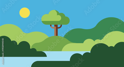 Tree standing alone on green hill.