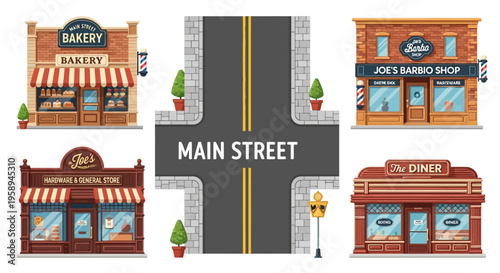 Vector illustration of a quiet neighborhood street scene with vintage small town buildings, including a bakery, barber shop, and diner, on a suburban main street in a cozy downtown USA