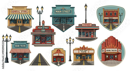 Vector illustration of a quiet neighborhood street scene with vintage small town buildings, a cozy downtown USA main street, and suburban architecture elements.