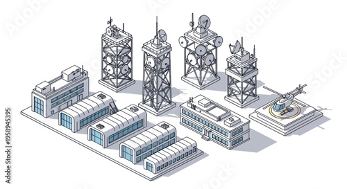 Isometric illustration of a military base with towers, buildings, and a satellite dish on a white background