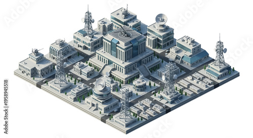 Isometric 3D illustration of a modern military base with various buildings, towers, and vehicles on a plain white background
