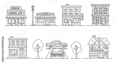 Vector illustration of a quiet suburban main street with vintage small town buildings, a cozy downtown USA scene, and a general store, set in a peaceful American neighborhood.