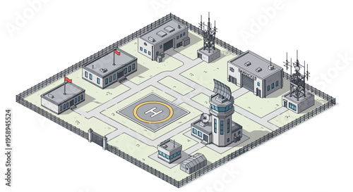 Isometric illustration of a military base with buildings, a helipad, and a control tower on a white background