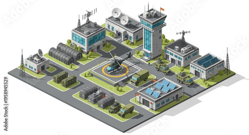 Isometric illustration of a modern military base with buildings, tower, and vehicles on a plain background, showcasing a strategic headquarters and operations center