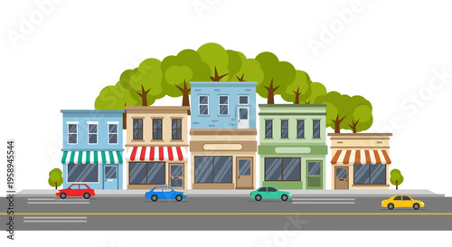 Vector illustration of a quiet neighborhood street scene with vintage small town buildings and a cozy downtown USA main street, featuring a suburban American town street with trees and cars.