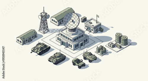 Isometric illustration of a military base with various structures, vehicles, and equipment, including tanks, a satellite dish, and a control tower, showcasing a strategic military operation