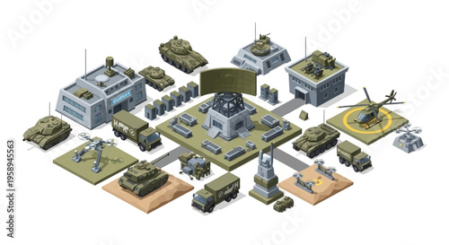 Isometric illustration of a military base with various vehicles and buildings, including tanks, planes, and warships, showcasing a strategic military setup