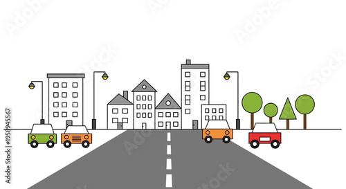 Vector illustration of a quiet neighborhood street scene with vintage small town buildings, a cozy downtown USA main street, and an american small town street lined with trees and