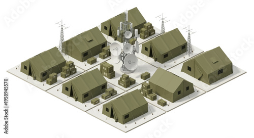 Isometric 3D illustration of a military base with green buildings, towers, and vehicles on a white background, representing a strategic US military buildup concept