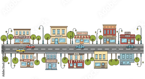 Vector illustration of a quiet neighborhood street scene with vintage small town buildings, a cozy downtown USA main street, and suburban architecture along a tree-lined road with cars, in