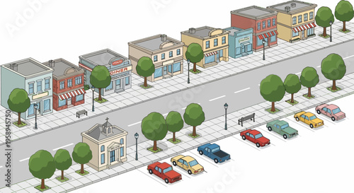 Vector illustration of a quiet neighborhood street scene with a suburban main street, vintage small town buildings, and a cozy downtown USA atmosphere.