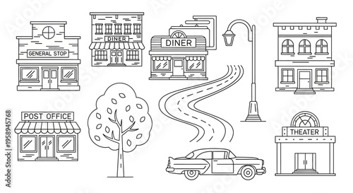 Vector illustration of a quiet neighborhood street scene with vintage small town buildings, a suburban main street, and a cozy downtown USA atmosphere.