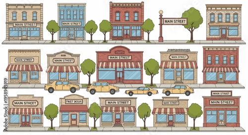 Vector illustration of a quiet american small town street scene with vintage buildings, cozy downtown shops, and cars on a suburban main street.