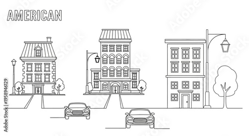 Vector illustration of a quiet neighborhood street scene with vintage small town buildings, a cozy downtown USA main street, and an American small town street, featuring a suburban setting