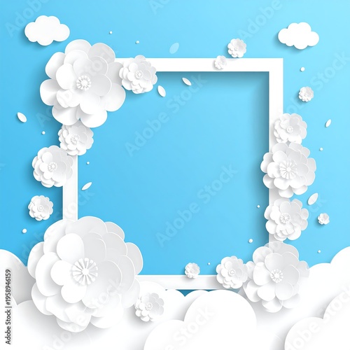 Floral Frame with White Paper Flowers on Blue Background.