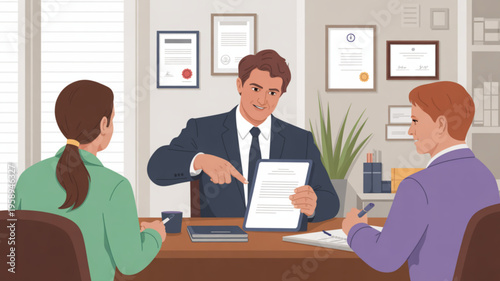 Businessman discussing documents with colleagues in a modern office setting with certificates on the wall