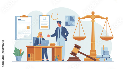 Lawyer and client discussing case in office with legal documents and scales of justice