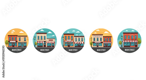 Vector illustration of a quiet neighborhood street scene with vintage small town buildings and a cozy downtown USA suburban main street.