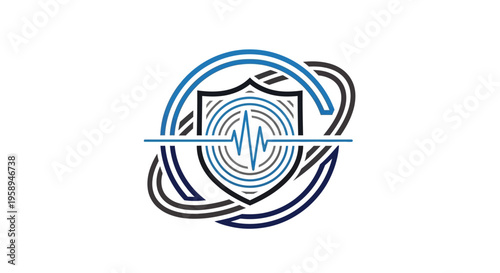 Abstract Shield With Heartbeat Pulse And Orbiting Rings Design
