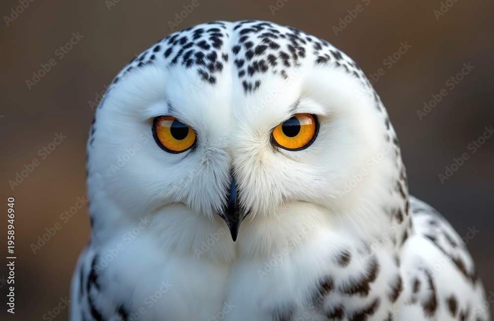 Obraz premium Close up of snowy owl with striking orange eyes. White bird has black speckles. Arctic creature looks intensely forward. It is a wild animal.