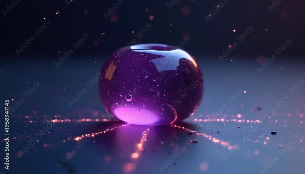 Fototapeta premium Deep violet gummy candy sphere resembles blueberry. Edible gelatin treat glows with soft pink light. Sparkles and bubbles add magical visual effect. Macro photo captures sweet detail.