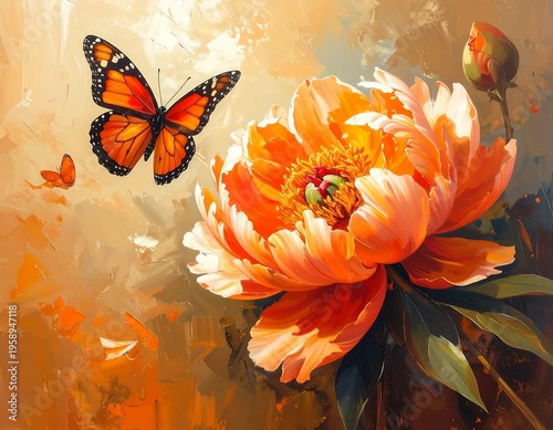 Floral Harmony - Monarch Butterfly and Orange Peony in Artistic Composition.