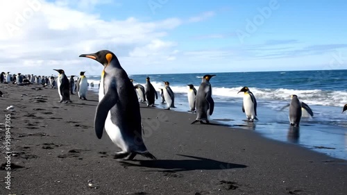 A majestic penguin stands on a black sand beach, with others in the water and walking by. Blue sky and waves