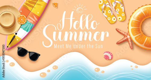 Hello Summer Banner With Surfboard Inflatable Orange Ring Summer Hat Sunglasses And Flip Flops