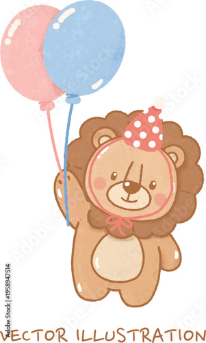 Cute Hand-Drawn Baby Lion with Pink and Blue Balloons Illustration: Adorable Standing Lion Cub Wearing Party Hat for Gender Reveal, Baby Shower, and Birthday Decor.
