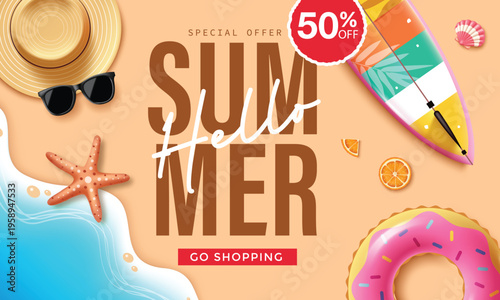 Hello Summer Sale Background With Surfboard Inflatable Donut Summer Hat And Beach Accessories