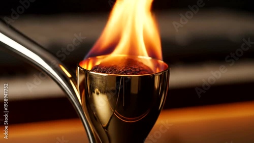 Burning flame in metal cup.