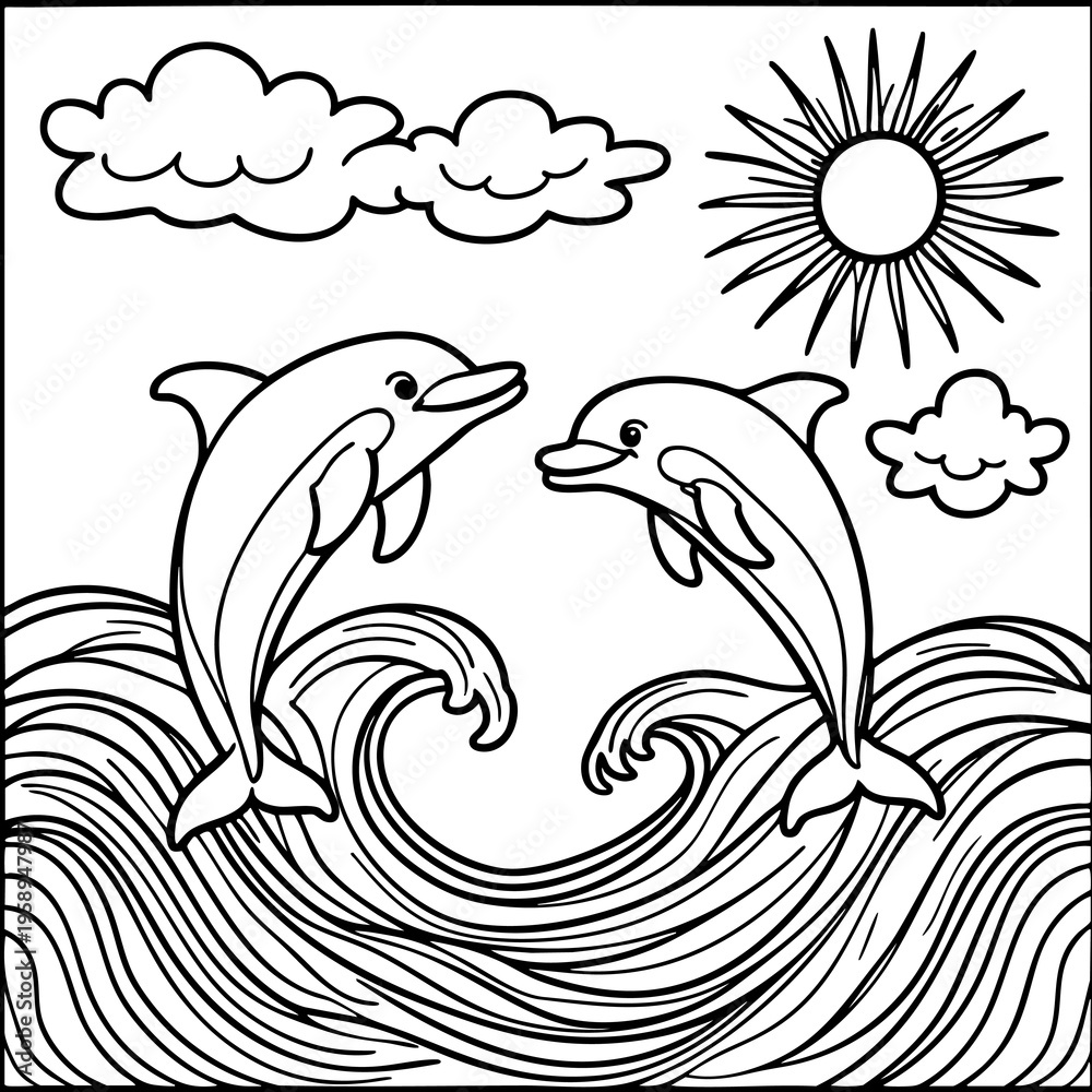 Obraz premium Dolphins in Ocean Coloring Page