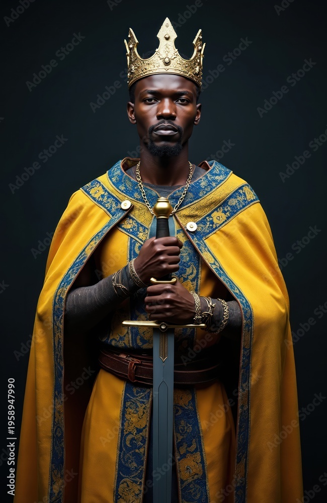 Obraz premium Black man wears golden crown, yellow cloak, holds sword firmly. Stands with regal presence, displaying power, authority. Dressed in ornate attire, represents leadership, strength, commanding royal