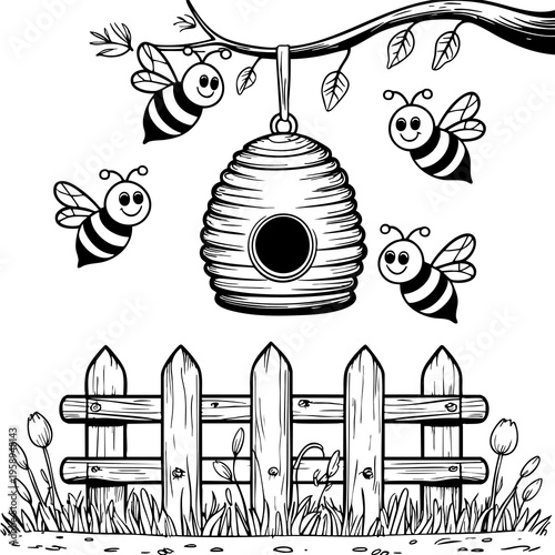 Cute bees flying near hive in the garden