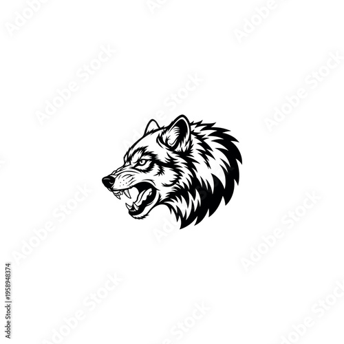 Black and white wolf head illustration.