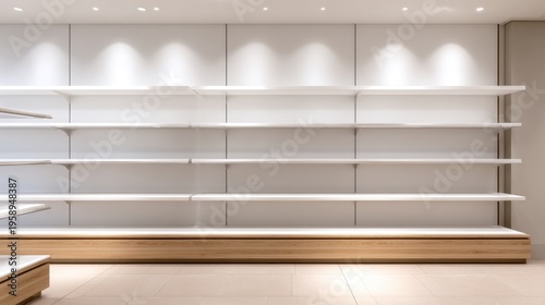 A minimalistic retail space featuring empty white shelves along a well-lit wall