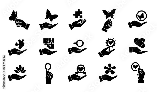 Charity and Donation Icon Set with Hands Holding Heart, Money, Plant, Medical Cross, and Support Symbols for Fundraising, Nonprofit, Healthcare, and Social Care Design