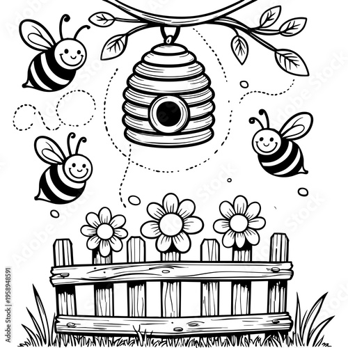 Cute Bees and Beehive Coloring Page
